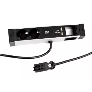 Bachmann DESK Rail stikdåse med 2 Schuko-stik og 2 USB-ladestik, 2m kabel, sølv/sort