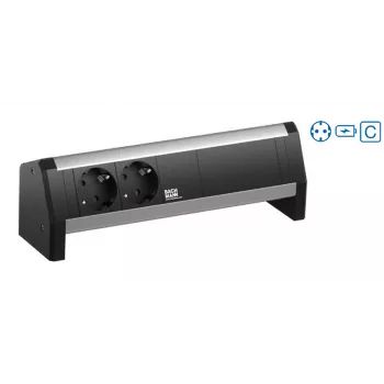 Bachmann Desk strømmodul - 2 AC-stik type F - aluminium/sølv - 2m kabel - bordmontering