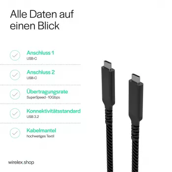 Flexline USB-C til USB-C-kabel, USB 3.2 Gen 2, 100W PD, flettet nylon, 1 m (FL31-75004)