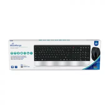 MediaRange trådløst tastatur- og mussæt, tysk (GR) layout, fuld størrelse med numerisk tastatur og Fn-taster, 6-knaps mus med scrollhjul og tommelfingerknapper, 1000-1600 dpi, sort/sølv (MROS105-GR)