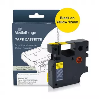 MediaRange etiketbåndskassette kompatibel med Dymo 12mm x 7m sort på gul (MRDY45018)