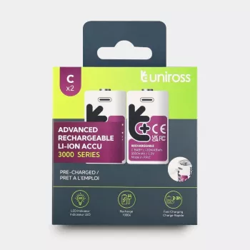 Uniross USB-C C/HR14 Batteri Lithium-Ion 3000mAh, 2-pak