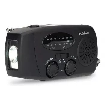 Nedis RDFMCR2000BK Solar Radio with Flashlight and SOS Function, FM/AM, USB-C, 2000 mAh, Black