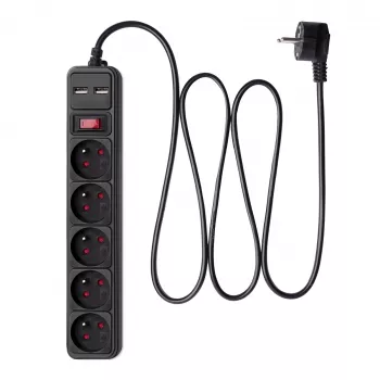Akyga AK-SP-05U stikdåse med overspændingsbeskyttelse, 5x CEE 7/5 (Type E), 2x USB-A, 1,8 m, sort