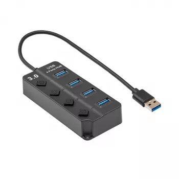 Akyga AK-AD-33 aktiv USB-3.0-hub, 4 porte med individuelle kontakter, 15 cm, sort