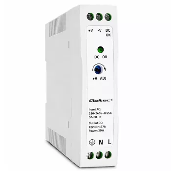 Qoltec DIN-skinne strømforsyning 20W 12V 1.67A hvid slim