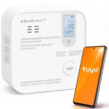Qoltec certificeret trådløs kulmonoxid (CO) detektor med batteri, CO-detektor, TUYA, Wi-Fi, 10 års sensorlevetid, 85dB alarm, LED