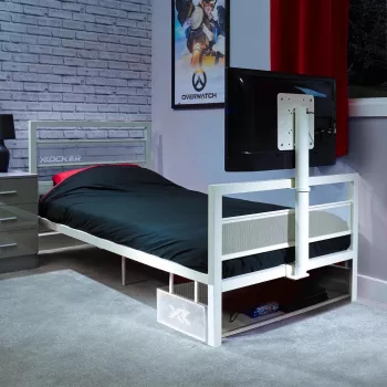XROCKER gaming-enkeltseng 90x190 cm med TV-holder metal hvid
