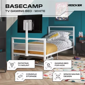 XROCKER gaming-enkeltseng 90x190 cm med TV-holder metal hvid