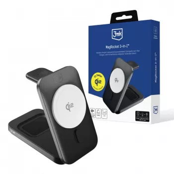 3MK MagRocket 3-i-1 15W MagSafe-kompatibel trådløs ladestation til iPhone, Apple Watch, AirPods - sort