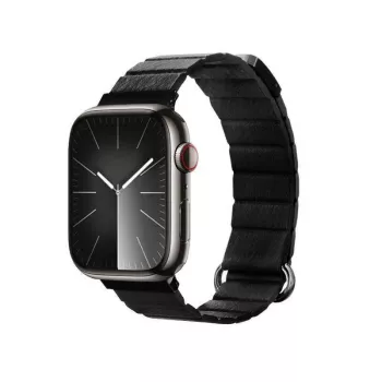 Crong Eclipse Ægte læder Magnetisk løkke-armbånd til Apple Watch 44/45/46/49 mm (sort)