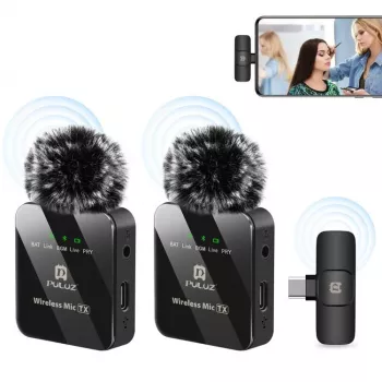 PULUZ PU648B 2x Wireless Lavalier Microphone for USB-C Smartphones, Tablets, Laptops - 2.4GHz, Omnidirectional, Plug and Play