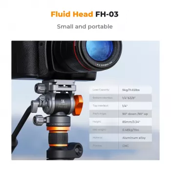 K&F Concept FH-03 Fluid Videohoved, 5kg Belastning, Arca-Swiss, 1/4