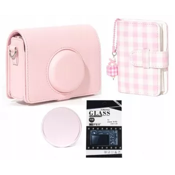 LOVEINSTANT 4-i-1-sæt etui fotoalbum LCD-skærmbeskytter objektivdæksel til Fujifilm Instax Mini Evo - pink