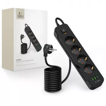 TECH-PROTECT PCL4X3 forlængerledning 2 USB & 1 Type-C & 4 stik 200 cm sort