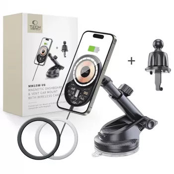 TECH-PROTECT MM15W-V6 magnetisk MagSafe bilholder til instrumentbræt & ventilationsgitter med trådløs oplader 15W sort/interiør