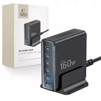 TECH-PROTECT DC160W-GAN 6-port desktopoplader PD 160W / QC3.0 sort