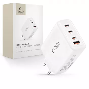 TECH-PROTECT NC120W-GAN 4-port netværkslader PD 120W / QC3.0 hvid