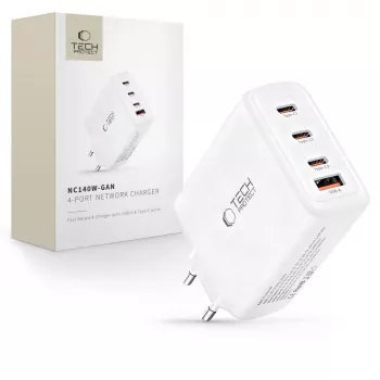 TECH-PROTECT NC140W-GAN 4-port netværkslader PD 140W / QC3.0 hvid