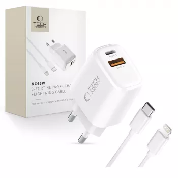 TECH-PROTECT NCA45W-GAN 2-port netværkslader PD 45W / QC3.0 + Lightning-kabel hvid