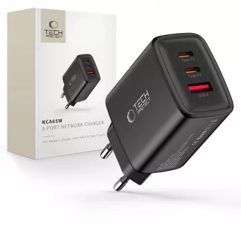 TECH-PROTECT NCA65W-GAN 3-port netværkslader PD 65W / QC3.0 sort