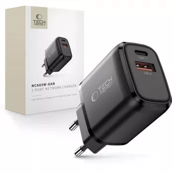 TECH-PROTECT NCA65W-GAN 2-port netværkslader PD 65W / QC3.0 sort