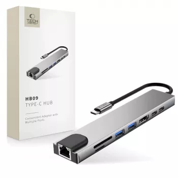 TECH-PROTECT HB09 hub-adapter 8-i-1 USB-C til USB-A 3.0, USB-C 3.0, HDMI 4K 60Hz, SD/TF, PD 100W, RJ45 Gigabit Ethernet, Space Grey