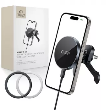 TECH-PROTECT MM15W-V5 magnetisk MagSafe stabil bilholder til ventilationsgitter med trådløs oplader 15W sort/sort