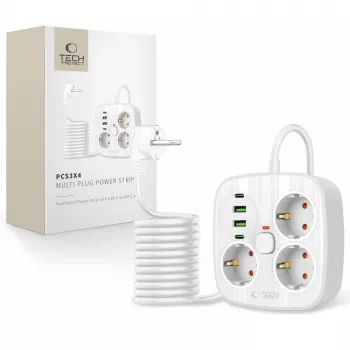 TECH-PROTECT PCS3X4 stikdåse 2 USB & 2 Type-C & 3 stikkontakter 200cm hvid