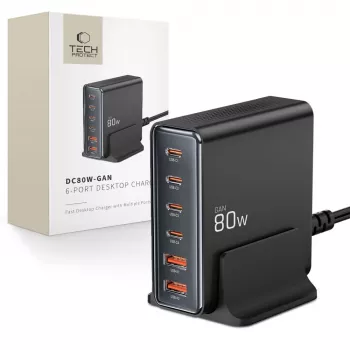 Tech-Protect DC80W-GAN 6-port GaN 80W USB-C Lader sort