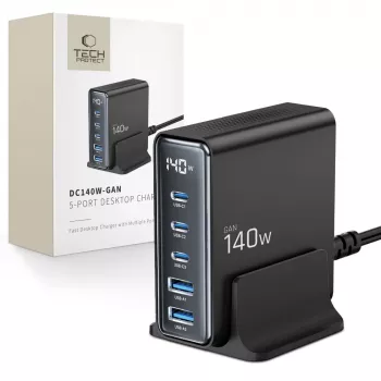 TECH-PROTECT DC140W-GAN 5-port Skrivebordslader PD 140W / QC3.0 sort