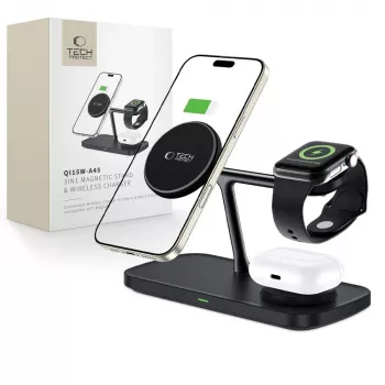 TECH-PROTECT QI15W-A45 3-i-1 Magnetisk MagSafe Trådløs Lader sort