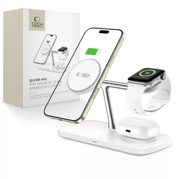 TECH-PROTECT QI15W-A45 3-i-1 Magnetisk MagSafe Trådløs Lader hvid