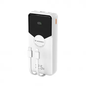Powerbank Wozinsky WFC-15W 20000mAh 22,5W PD20W med integrerede Lightning- og USB-C-kabler - hvid