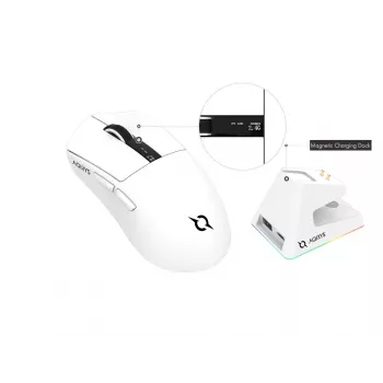 AQIRYS Zephyr trådløs gaming-mus, 2,4 GHz + Bluetooth, 26000 DPI, hvid