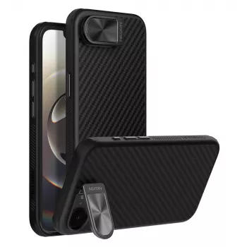 Nillkin CarboProp Magnetic Case med kameraafdækning og standfod til iPhone 16e / 17e - sort