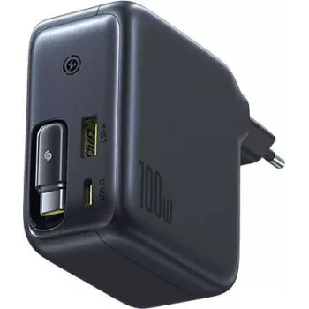 Baseus EnerCore CJ11 100W GaN-strømforsyning med indtrækkeligt USB-C-kabel, 2 USB-C- og 1 USB-A-port, sort