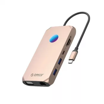 ORICO XCR 12-i-1 USB-C dockingstation med RGB, 2x USB-A 3.1, 1x USB-A 2.0, 1x USB-C PD 100W, 1x USB-C 3.1, 2x HDMI 2.0 4K 60Hz, 1x VGA 1080p, microSD/SD 3.0, RJ45 Gigabit Ethernet, 3,5mm Audio CTIA - Roséguld
