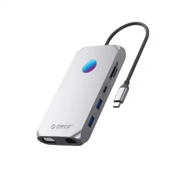 ORICO XCR 12-i-1 USB-C dockingstation med RGB, 3x USB-A 3.1, 1x USB-A 2.0, 1x USB-C PD 100W, 1x USB-C 3.1, 1x HDMI 1.4 4K 30Hz, 1x VGA 1080p, 1x microSD/SD 3.0, 1x RJ45 Gigabit Ethernet, 1x Audio CTIA 3,5mm - grå