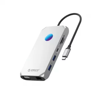 ORICO XCR 12-i-1 USB-C dockingstation med RGB, 3x USB-A 3.1, 1x USB-A 2.0, 1x USB-C PD 100W, 1x USB-C 3.1, 1x HDMI 1.4 4K 30Hz, 1x VGA 1080p, 1x microSD/SD 3.0, 1x RJ45 Gigabit Ethernet, 1x Audio CTIA 3,5mm - sølv