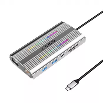 ORICO XDR 12-i-1 USB-C dockingstation med RGB, 2x HDMI 4K 60Hz, VGA, RJ45 Gigabit, SD/microSD-kortlæser, 100W PD, grå