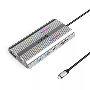 ORICO XCR 12-i-1 USB-C dockingstation med RGB, 3x USB-A, USB-C PD 100W, HDMI 4K, VGA, RJ45 Gigabit, SD/microSD-kortlæser - sølv