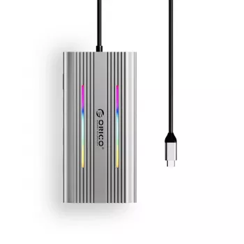 ORICO XCR 12-i-1 USB-C dockingstation med RGB, 3x USB-A, USB-C PD 100W, HDMI 4K, VGA, RJ45 Gigabit, SD/microSD-kortlæser - sølv