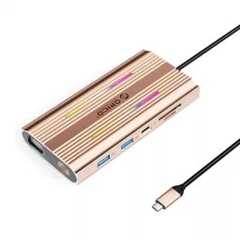 ORICO XDR 12-i-1 USB-C dockingstation RGB, 3x USB-A, USB-C PD 100W, HDMI 4K, VGA, RJ45 Gigabit, SD/microSD-kortlæser - Rose Gold