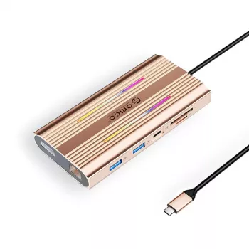 ORICO XDR 12-i-1 USB-C dockingstation med RGB, 2x HDMI 4K 60Hz, DisplayPort 4K 60Hz, Gigabit Ethernet, 100W PD, SD/microSD-kortlæser - Roséguld