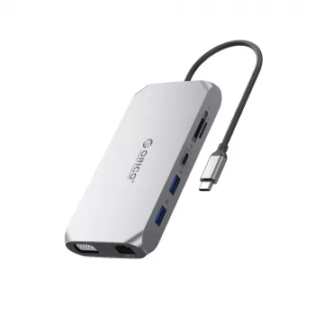 ORICO XCR 12-in-1 USB-C Docking Station, 2x USB-A 3.1, 1x USB-A 2.0, 1x USB-C PD 100W, 1x USB-C 3.1, 2x HDMI 2.0 4K 60Hz, 1x VGA 1080p, SD/microSD 3.0, RJ45 Gigabit Ethernet, 3.5mm Audio, Grey