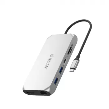 ORICO XCR 12-i-1 USB-C dockingstation, 2x USB-A 3.1, 1x USB-A 2.0, 1x USB-C PD 100W, 1x USB-C 3.1, 2x HDMI 2.0 4K 60Hz, 1x DisplayPort 1.4 4K 60Hz, SD/microSD 3.0, RJ45 Gigabit Ethernet, 3,5mm Audio CTIA, sølv