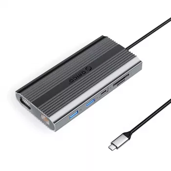 ORICO XDR 12-i-1 USB-C dockingstation med USB-A, USB-C PD 100W, HDMI 4K, VGA, RJ45 Gigabit, SD- & microSD-kortlæser - grå