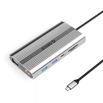 ORICO XDR 12-i-1 USB-C dockingstation med 4K HDMI, VGA, Gigabit Ethernet, 100W PD, SD/microSD-kortlæser - sølv
