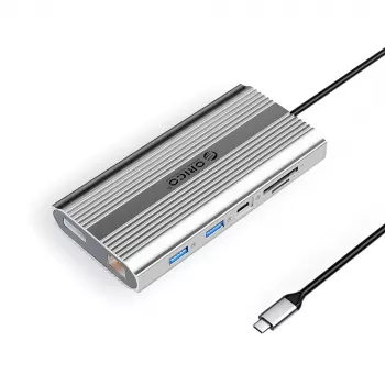 ORICO XDR 12-in-1 USB-C Docking Station, 2x HDMI 4K 60Hz, DisplayPort 4K 60Hz, RJ45 Gigabit, PD 100W, SD/microSD Card Reader, Silver